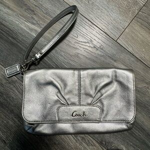 Coach Metallic Silver Wristlet Clutch with Strap